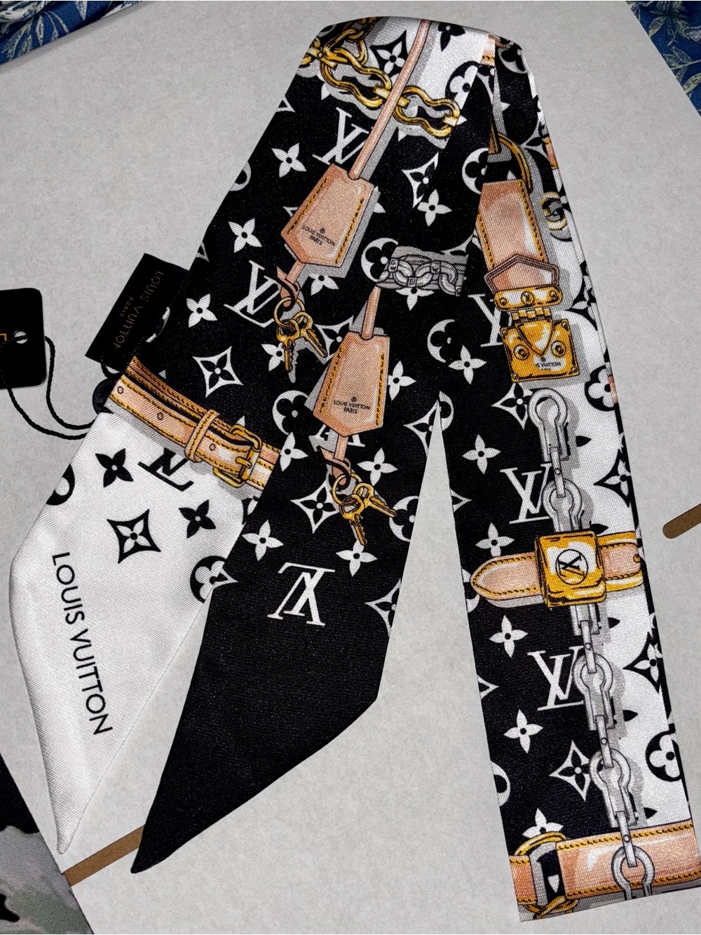 Brand New 100% Silk Black & White Monogram Twilly Scarf